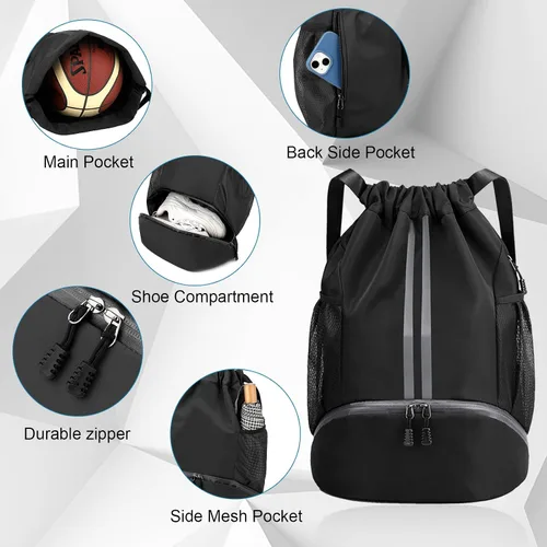 Vista 3 de Bolsa de fútbol deportiva con cordón, mochila de gimnasio para hombres y mujeres, con compartimento para pelotas y zapatos, mochila de fútbol