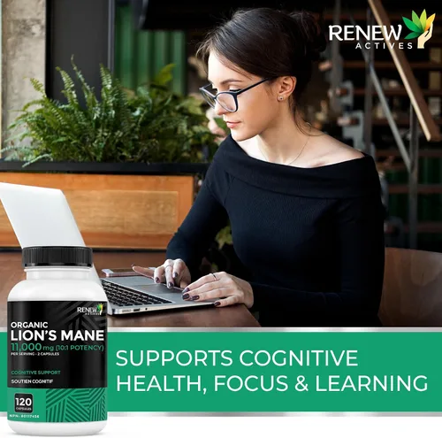 Vista 2 de Renew Actives Hongo orgánico de melena de león de primera calidad, 11000 mg por porción (relación 10:1), apoya la función cerebral, la memoria