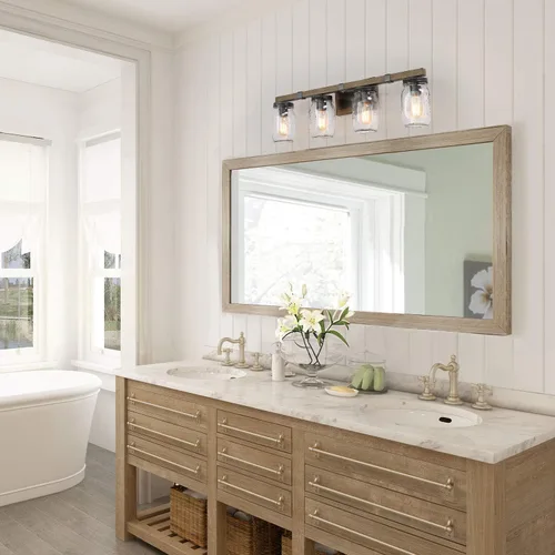 Vista 3 de LOG BARN Lámpara de tocador de baño rústica con vidrio Mason Jar Glass, apliques de pared de 4 luces, acabado de madera sintética, 29 pulgadas