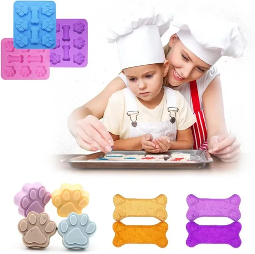 Vista 4 de FineGood - 3 moldes de silicona en forma de pata y hueso 2 en 1, 8 cavidades, bandejas reutilizables para dulces de hielo, galletas de chocolate