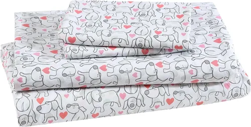Vista 13 de Juego de sábanas de microfibra suave estampada de 4 piezas, White Puppy Love Amor de cachorro blanco