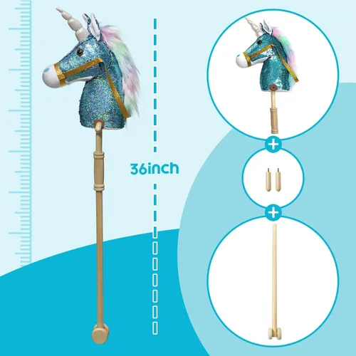 Vista 8 de HollyHOME Caballo de unicornio con lentejuelas, caballo de juguete artesanal con palo y ruedas de madera, sonidos reales de relincho y galope de Azul