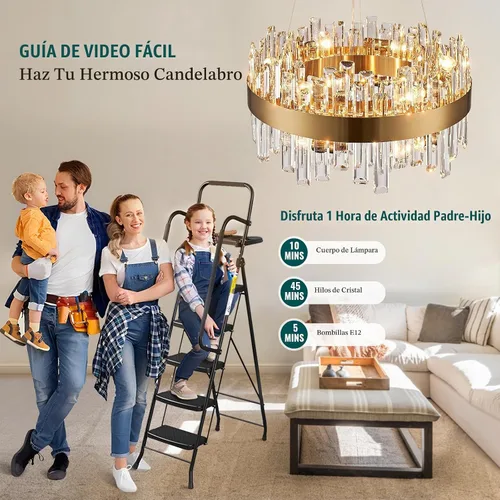 Vista 3 de Siljoy - Candelabro de cristal moderno, 12 luces, lujoso, redondo, de 2 niveles, con cristal K9 en forma de gota de lluvia, lámpara colgante de Oro