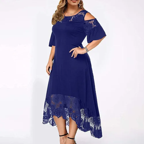 Vista 3 de MOBCTG Vestidos de talla grande para mujer, vestido de encaje con costuras de encaje con volantes, manga corta, sin tirantes, vestido de tubo
