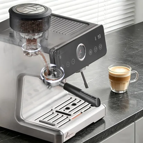 Vista 3 de Máquina de espresso con distribución automática y tazón con molinillo, cafetera barista con cold brew, espumador de leche para latte, máquina