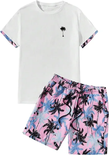 Vista 62 de GORGLITTER Conjunto de 2 piezas de camiseta gráfica de manga corta para hombre, estampado hawaiano con cordón y pantalones cortos