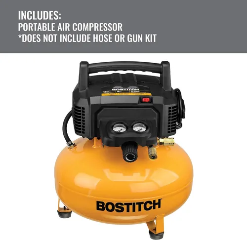 Vista 2 de BOSTITCH - Kit de compresor de aire, sin aceite, 6 galones, 150 PSI, compresor de aire silencioso y ligero para panqueques (BTFP02012-WPK)
