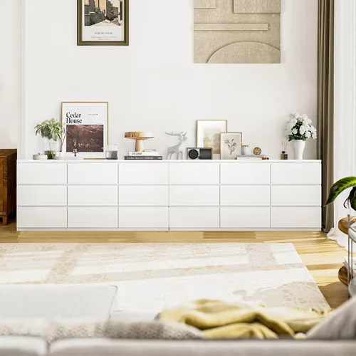 Vista 8 de Armario de almacenamiento de 9 cajones, cómoda blanca moderna de 63 pulgadas, organizador de consola de TV con diseño de cajón deslizante