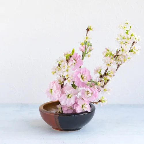 Vista 3 de Kit esencial de herramientas para arreglos florales Ikebana japonés de la serie Minoyaki de Wazakura con pequeña jarra de cerámica redonda y rana