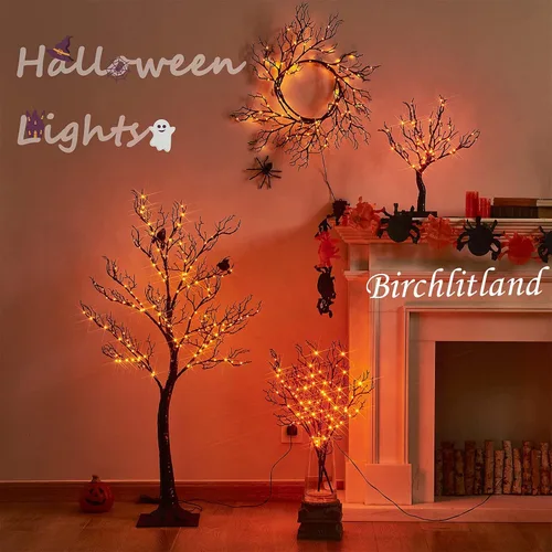 Vista 7 de Birchlitland - Guirnalda iluminada de Halloween de 6 pies con 120 luces LED bicolor naranja y morada, 8 funciones, luces de guirnalda negras