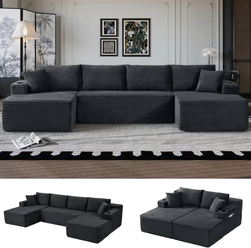 Vista 27 de Sofá grande sin hueso de 125 pulgadas con diván, moderno sofá modular con asiento profundo, sofá tapizado de pana en forma de U para sala de estar