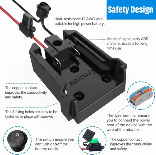 Vista 5 de Adaptador de rueda eléctrica con fusible e interruptor para batería Milwaukee de 18 V, adaptador de batería hermético no soplado con fusible de 30 A