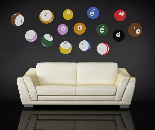 Vista 8 de 15 calcomanías de pared de bolas de billar impresas gráficas para decoración de sala de juegos, arte de pared de vinilo