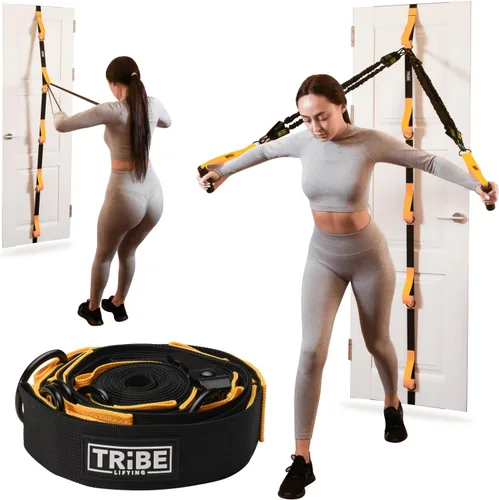 Vista 6 de Tribe Lifting Anclaje de banda de resistencia ajustable, anclaje de puerta con 5 bucles y anillos de metal, correa de nailon duradera