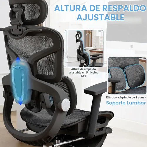 Vista 4 de Ergonomic Mesh Office Chair with 2-Zone Lumbar Support and Footrest,Black Negro