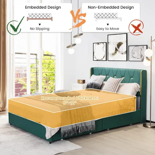 Vista 6 de KOTEK Base de cama tapizada de tamaño matrimonial con 4 cajones, base de cama de plataforma con cabecera copetuda con botones y soporte de listones