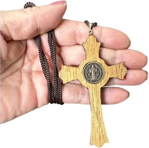 Vista 4 de Catholica Shop Saint Benedict Medal Wood Crucifix Pendant Cord Necklace. Religious Necklace for Men and Women. Made in Brazil