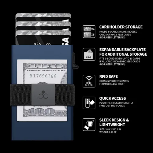 Vista 18 de Cartera delgada de aluminio para hombre, placa trasera expandible duradera, bloqueo RFID, billetera desplegable de metal minimalista, con capacidad