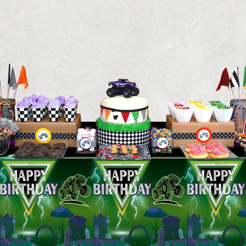 Vista 4 de Manteles de camión monstruo verde y morado – Funda rectangular desechable para baby shower, fiesta de cumpleaños de niños, decoración de mesa