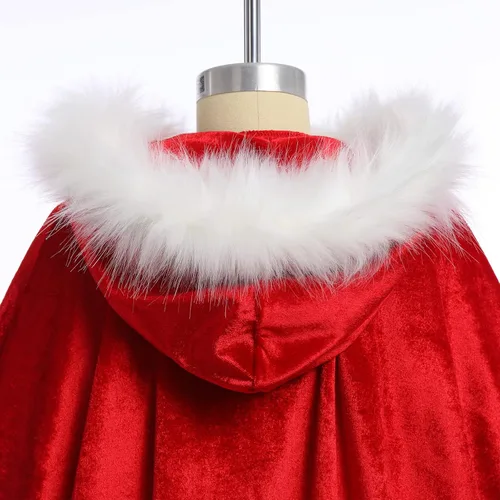 Vista 7 de IDOPIP Vestido de fiesta de Navidad para mujeres y niñas, vestido de tutú a cuadros rojos con capa con capucha, disfraz familiar a juego