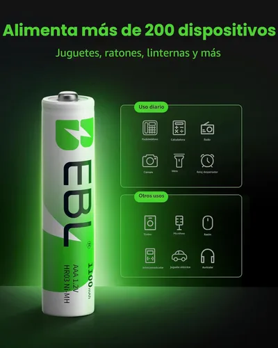 Vista 7 de EBL Baterías recargables AAA, 8 unidades, Ni-MH 1100mAh 1.2V Triple A baterías para controles remotos dispositivos electrónicos domésticos