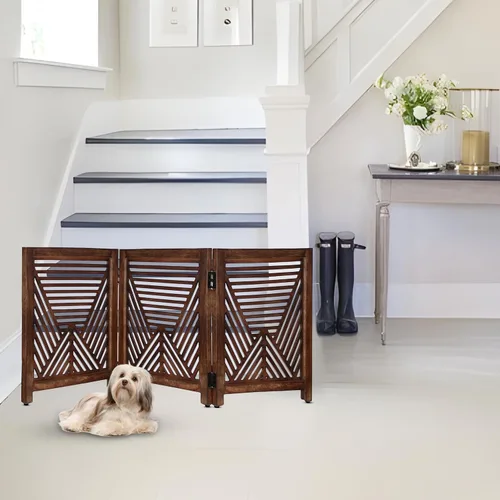 Vista 2 de Lightnpro - Puerta geométrica de madera para perros, barrera plegable independiente para uso en interiores, puerta de seguridad para perros, gatos