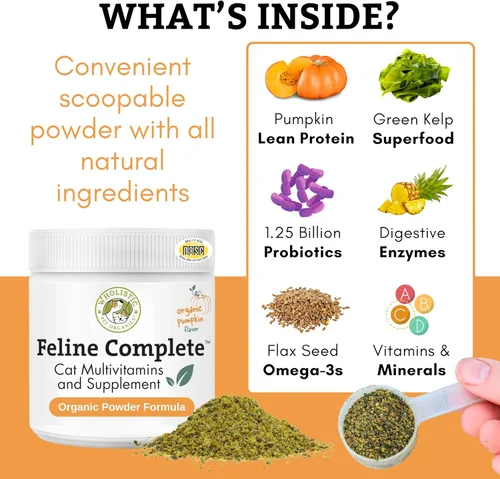 Vista 3 de Wholistic Pet Organics Feline Complete Organic Pumpkin - 4 onzas - Multivitamínico y probiótico en polvo para gatos - Alimento natural para gatos