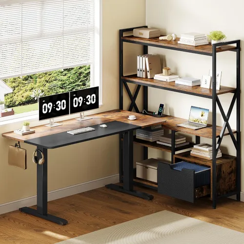 Vista 15 de Escritorio eléctrico en forma de L de 63 pulgadas con 3 cajones, mesa de computadora de almacenamiento, altura ajustable con tomas de corriente, 4