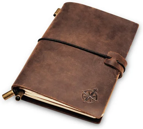 Vista 9 de WANDERINGS Cuaderno A5 Travelers hecho a mano, de cuero auténtico, 6 x 8.5 pulgadas, diario de viaje recargable con soporte para bolígrafo