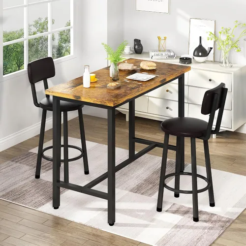 Vista 8 de Juego de mesa de bar y sillas de 3 piezas para 2, juego de comedor rectangular de altura de mostrador, mesa de bar y taburetes para 2, juego