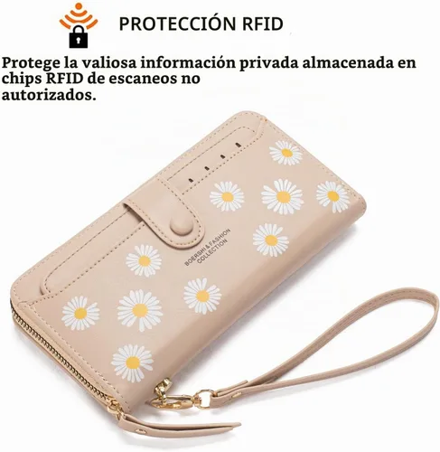 Vista 6 de Cartera de piel para mujer, con bloqueo RFID, bolsillo con cremallera, tarjetero, con ventana de identificación