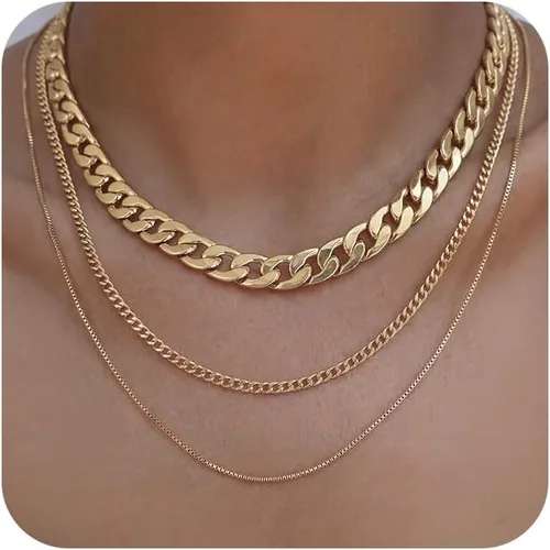 Vista 11 de Tewiky Layered Necklaces for Women Non Tarnish- Chunky 14k Gold Plated Herringbone/Snake/Rope/Box/Cuban Link Chain for Women Waterproof Layering