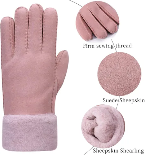 Vista 2 de Harssidanzar Guante de cuero para mujer, invierno, clima frío, piel de oveja, con calefacción, cálido y peludo, KL023US