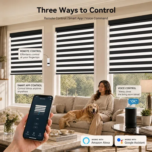 Vista 3 de ACMEART Persianas Cebra Motorizadas con Control Remoto, Control por APP y Funciona con Alexa/Google/Matter, Persianas de Ventana 100% Opacas Negro
