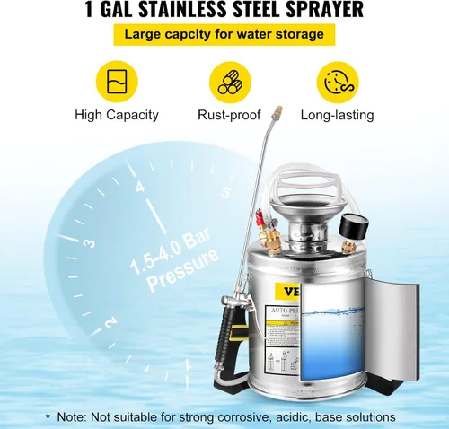 Vista 3 de Happybuy Pulverizador de bomba de acero inoxidable de 1 galón, varita de 12 pulgadas y manguera reforzada de 3 pies, medidor de presión, válvula