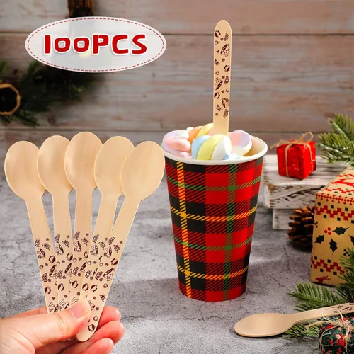 Vista 3 de Eaasty 100 cucharas de madera para chocolate caliente y cacao – 6 pulgadas desechables de Navidad malvavisco, bastón de caramelo, barra