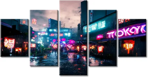 Vista 266 de Cuadros de 5 paneles de Cyberpunk City, arte de pared, representación de vallas publicitarias, edificios modernos en la capital con obras de arte
