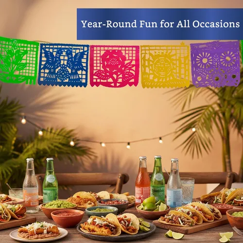 Vista 8 de Pancartas de fiesta mexicana (paquete de 5 con 10 banderas de plástico por bandera), papel picado mexicano para fiesta, papel picado de plástico