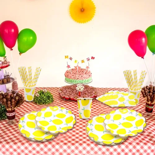 Vista 4 de MaitianGuyou 40 unidades de decoración de fiesta de limón de 7 pulgadas, platos de limón, platos amarillos de cumpleaños de verano, vajilla