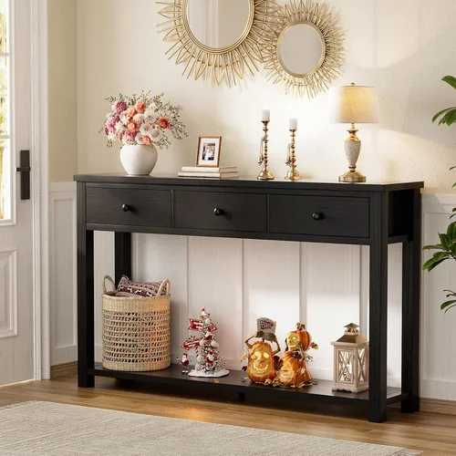 Vista 2 de Homieasy Mesa consola de granja con 3 cajones, mesa de sofá de madera de 47 pulgadas con estante de almacenamiento para sala de estar, detrás