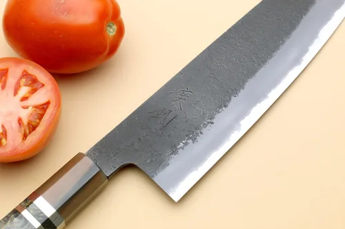 Vista 5 de Yoshihiro Hayate ZDP189 - Cuchillo multiusos Santoku de acero inoxidable de alto carbono, mango octogonal de madera de ébano con anillo de plata