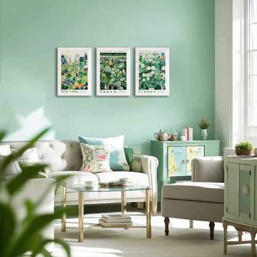 Vista 2 de XLARTMY Impresiones de Arte de Pared del Mercado de Flores Lienzo Verde Amarillo Blanco Pinturas Florales Coloridos Pósteres Botánicos de Flores