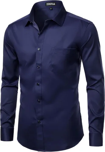 Vista 3 de ZEROYAA Camisas formales de vestir de manga larga con botones y bolsillo para hombre
