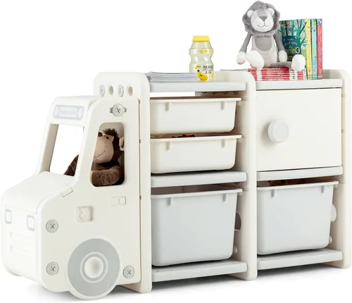 Vista 9 de Costzon Organizador de almacenamiento de juguetes en forma de automóvil, estante de juguetes de 3 niveles con estantería, 2 cajas de almacenamiento