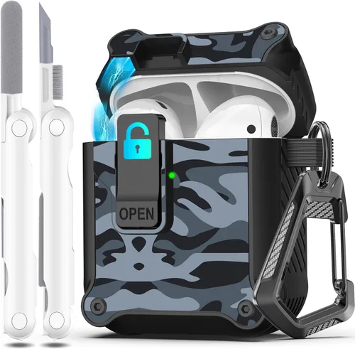 Vista 106 de R-fun Funda de carga compatible con AirPods de 2ª generación 2019, 1ª generación 2016, protección completa contra caídas, tapa desplegable