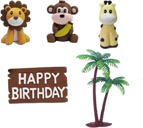 Vista 2 de Jungle Safari Animal Cake Topper con león jirafa mono hojas tropicales árbol de coco para cumpleaños