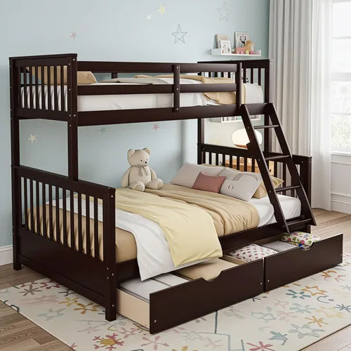 Vista 3 de Merax Litera de madera con dos cajones, litera de madera convertible con escaleras y dos cajones de almacenamiento, marco de cama desmontable