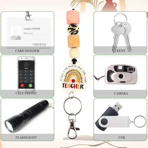Vista 4 de Cordones para Profesores para Tarjetas de Identificación - Llavero Bohemio de Silicona con Cuentas Separables, Accesorios para Mujeres, Lindo