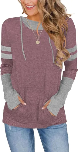 Vista 18 de AUSELILY Womens Long Sleeve Drawstrings Hooded Sweatshirt With Thumb Holes 01-beige
