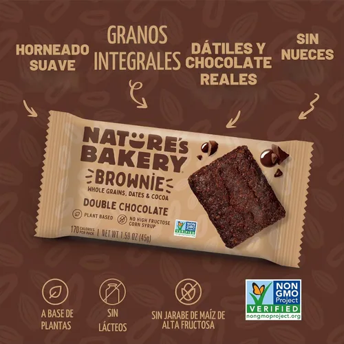 Vista 4 de Nature’s Bakery Barras de Brownie Doble Chocolate, Granos Integrales, Dátiles y Cacao, a Base de Plantas, Sin Lácteos, Barra de Snack, 6